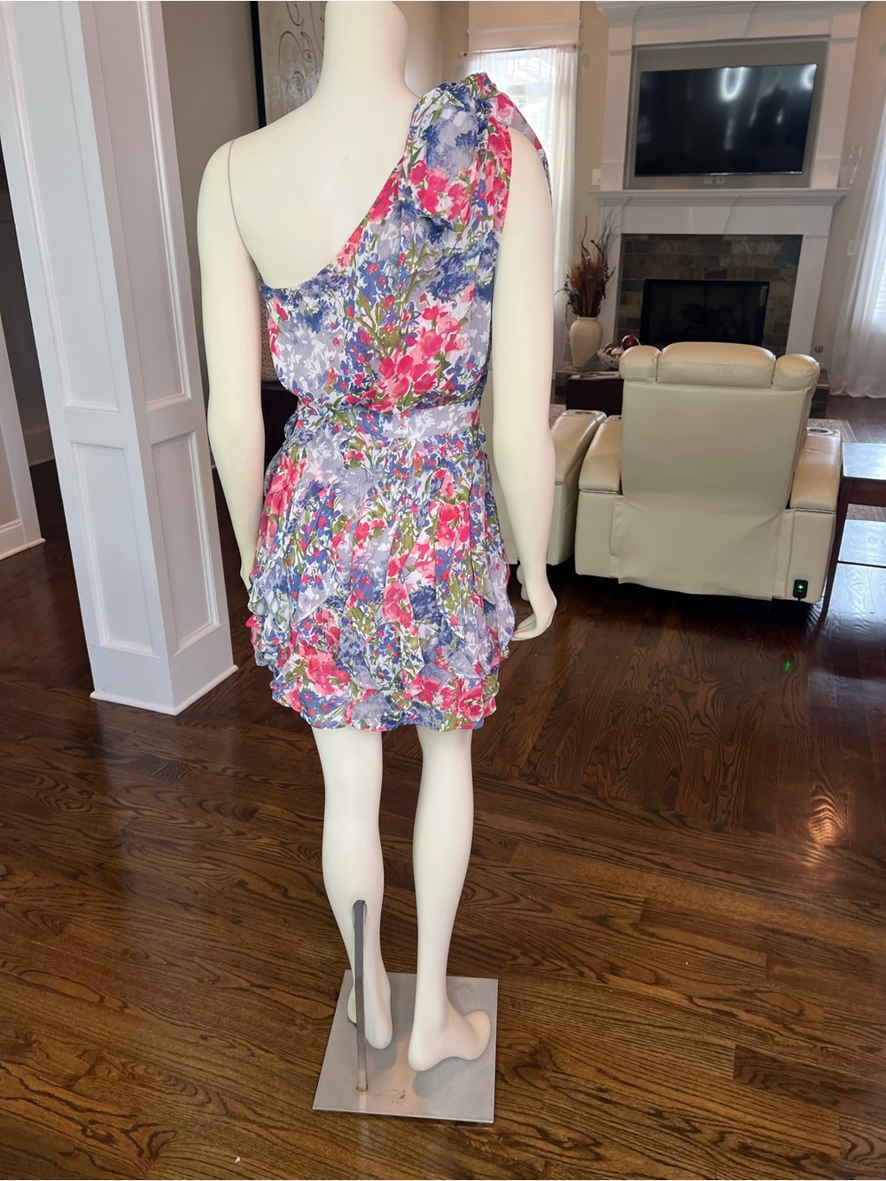 MM Couture One-Shoulder Floral Mini Dress in Pink, Purple, Blue - Picture 11 of 13